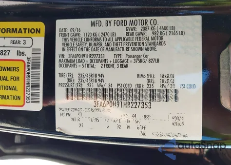 2017 Ford Fusion Se z USA, uszkodzony, nr VIN 3FA6P0H91HR227353